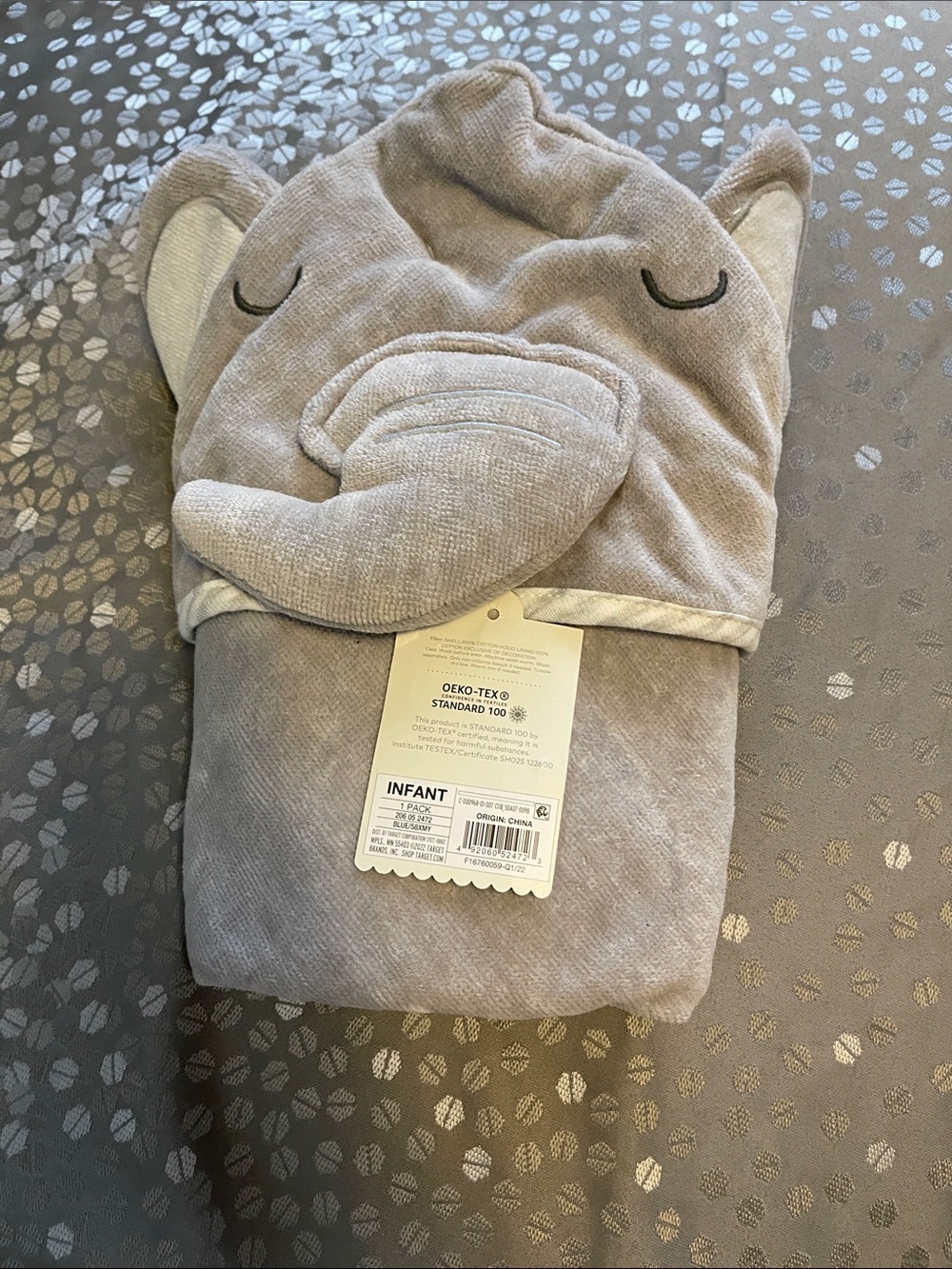 cloud island Infant Elephant Hooded Towel - Light Gray and Cream